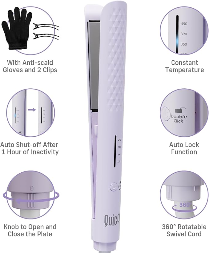 Quico Hair Straightener, 110-240V Global Travel Hair Straighteners for women, 15s Fast Heating, Professional Negative Ion Flat Iron, Temp Memory, 320℉-450℉, Auto-Off, with Glove and Clips, Gift, Lilac