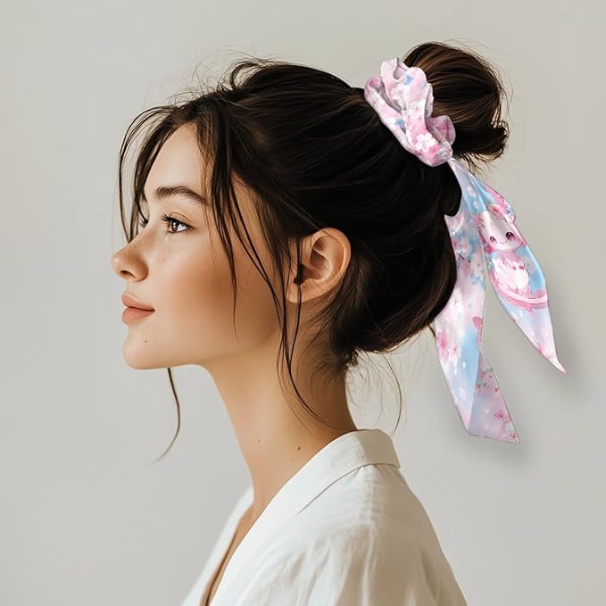 Cherry Blossom Elastic Hair Band with Ribbon Pack Of 2 Axolotl Daisy No Damage Bow Scrunchy Casual Bow Hair Ties Satin Ponytail Holder for Womens