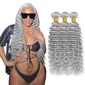 28 30 32 Inch Light Grey Bundles Human Hair Grey Deep Wave Bundles Double Weft Virgin Remy Silver Bundle Hair Weave Pure Grey Color