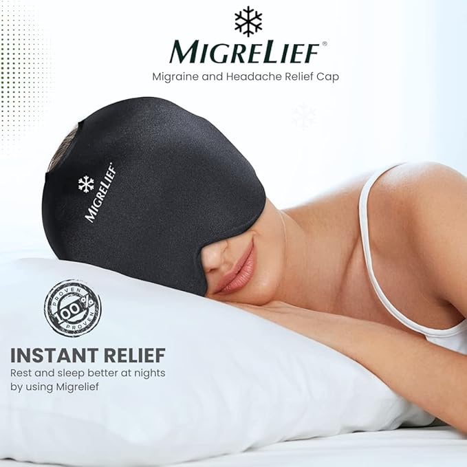 Migrelief Migraine Relief Cap - Ice Cap for Migraines and Headaches with 360 Degree Head and Eye Coverage - Cold Therapy Headache Hat and Migraine Mask for Natural Pain Relief - One Size, Black