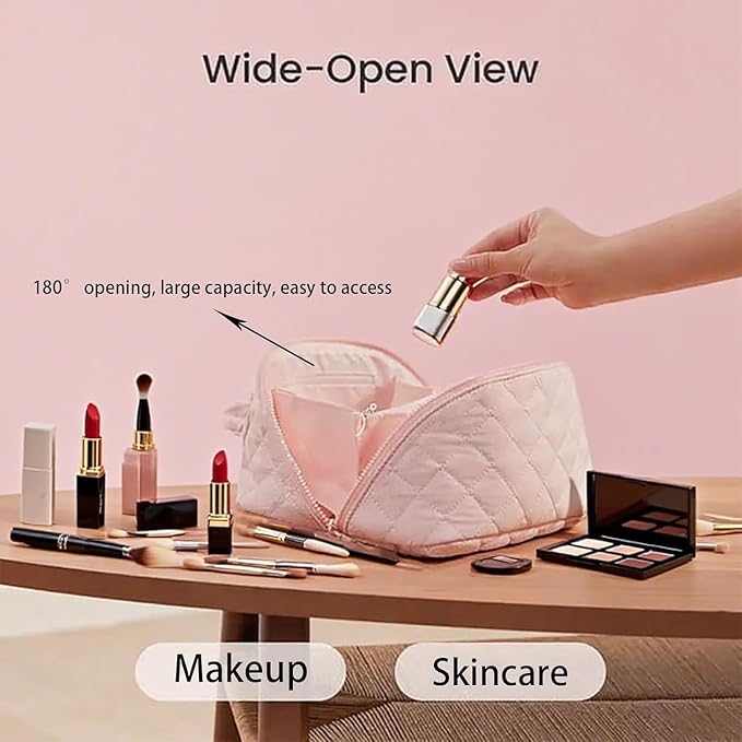 Petition Travel Makeup Bag for Woman,Festivalment Lay Flat Makeup Bag, Wide Open Water-Resistant Cosmetic Case,Puffy Padded Organizer for Toiletries & Brushes Large Capacity with Compartments (Khaki)