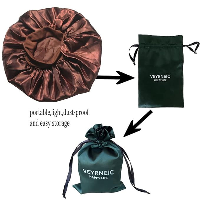 VEYRNEIC Hair Satin Bonnet For Sleeping Shower Caps Silk Chemo Caps with Wide Elastic Band Night Sleep Cap Bonnets for Black Women Braids with Satin Storage Bag(Brown)