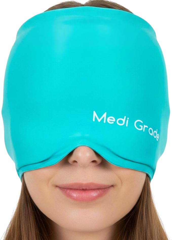 Medi Grade Migraine Relief Cap - Cooling Compression Headache Relief Cap with Full Coverage - Soft Flexible Fabric Gel Migraine Cap That Blocks Light, Reusable Migraine Mask for Cold Therapy