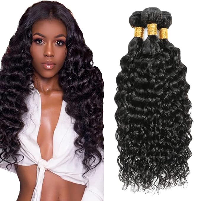 Bundles Human Hair Color 1B Water Wave Bundle Niegmeag Peruvian Virgin Soft and Silky Remy Hair 3 Bundles 24 26 28 Inch Double Weft Natural Black Bundle Hair Weave