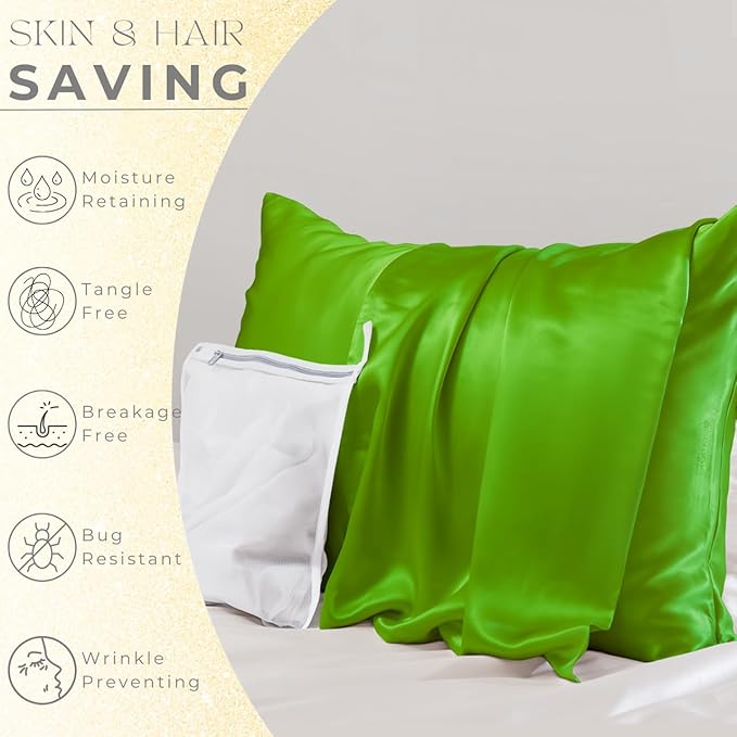 PROMEED 23 Momme Silk Pillowcase for Hair and Skin, Both Sides Upgraded Grade 6A+ Mulberry Silk Pillow Case with Zipper, Cooling Pillow Cases for Hot Sleepers (King 20"x36",Green)