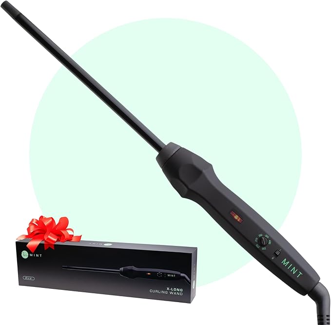 MINT Professional Clamp-Free Curling Wand 3/8 Inch for Long Hair | Extra Long Curl Wand 4-Heater Ionic Ceramic Tourmaline Barrel | Best Curling Wands | Adjustable 230-430°F | Worldwide Dual Voltage
