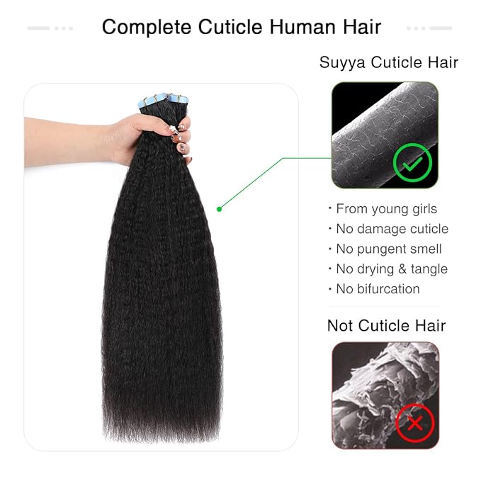 SUYYA Tape in Hair Extensions Human Hair Kinky Straight Tape in Extensions Natural Black 20 Inch Skin Weft 50g/Pack 20PCS Tape INS for Women (#1B Natural Black)