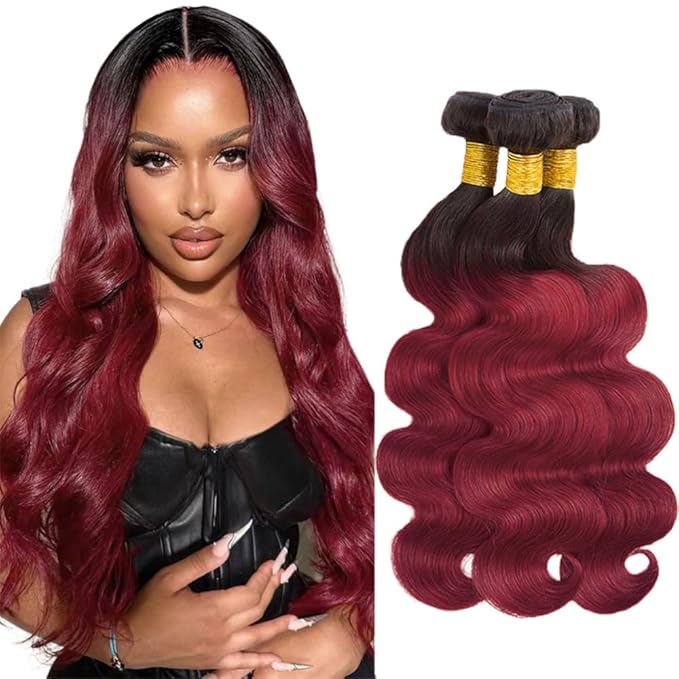 28 30 32 Inch Ombre Bundles Human Hair 99j Body Wave Bundles 2 Tone Black and Red Body Wave Bundle Niegmeag Brazilian Virgin Soft and Silky Remy Hair Extensions 300g