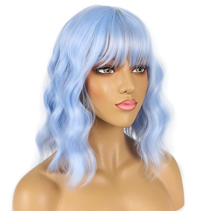 Short Bob Wigs with Bangs for Women Loose Wavy Wig Curly Wavy Shoulder Length Bob Synthetic Cosplay Wig for Girl Colorful Costume Wigs (Light Blue)