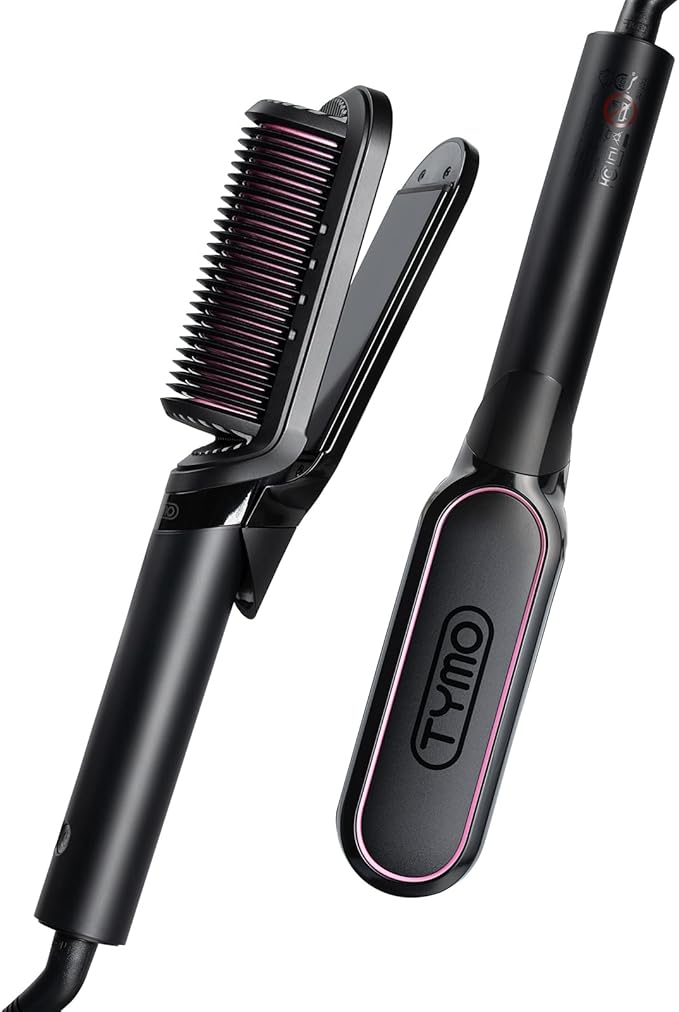 TYMO Flat Iron Hair Straightener Brush 2 in 1, 200M Ions Hair Straighteners for Women, Ceramic Dual Voltage Straightening Hot Comb for Anti-Frizz Straights, Waves, Curls, 3X Less Heat Damage, Black