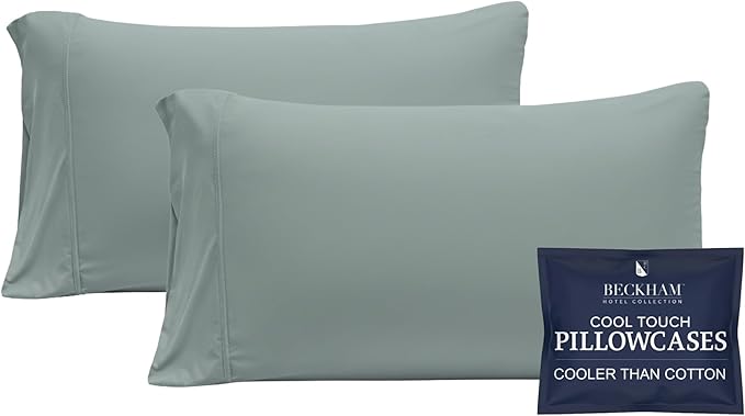 Beckham Hotel Collection Cooling Pillowcases for Hot Sleepers, Standard/Queen Size Set of 2, Cool Bedding, Envelope Closure, Silky Soft, Breathable, Moisture-Wicking, Aqua Gray