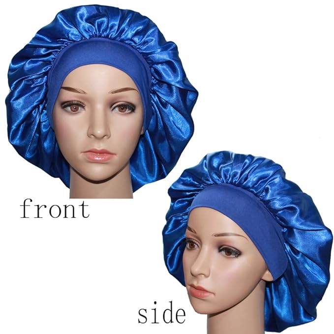 VEYRNEIC Hair Satin Bonnet for Sleeping Shower Caps Silk Chemo Caps with Wide Elastic Band Night Sleep Cap Bonnets for Black Women Braids with Satin Storage Bag (Royal Blue)
