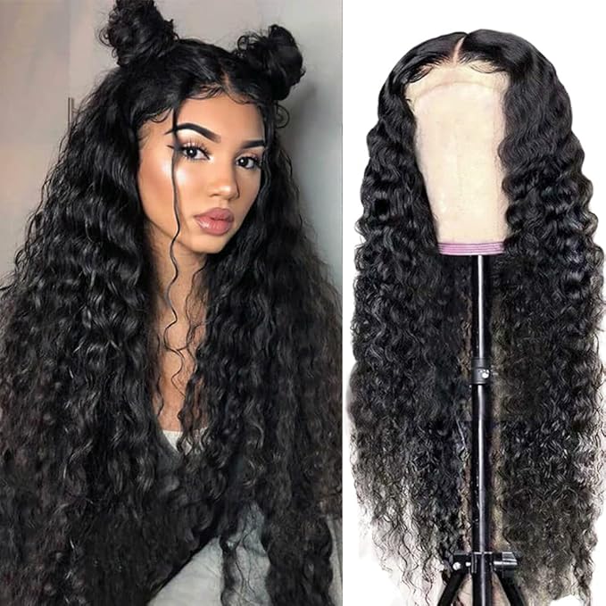 180% Density HD Transparent Deep Wave Lace Front Wigs Human Hair 13X4 Curly Wigs for Black Women Deep Wave Lace Frontal Wet and Wavy Wig Pre Plucked with Baby Hair 24 Inch Natural Black