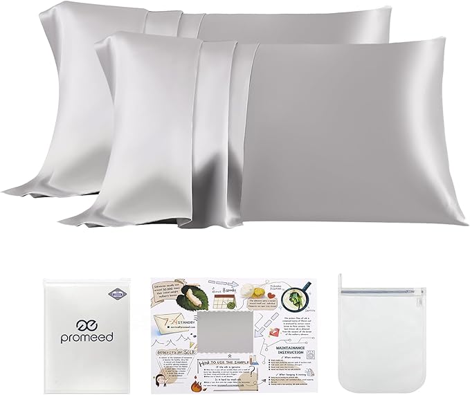 PROMEED 23 Momme Kids Silk Pillowcase 2 Pack with Free Laundry Bag, Natural Grade 6A+ Mulberry Silk Travel Toddler Pillow Case Set of 2, Zipper (Toddler/Travel 13"x18", Light Grey)