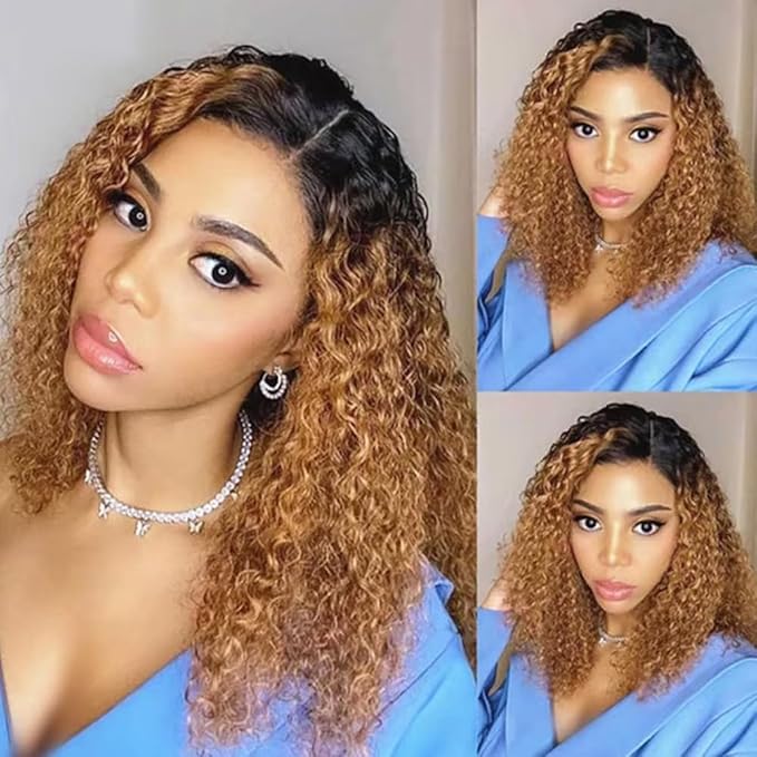 Ombre Bundles Human Hair Blonde Kinky Curly Bundle Brazilian Virgin Remy Hair 3 Bundles 16 18 20 Inch Niegmeag Double Weft 3 Tone Brown and Honey Blonde Bundle Hair Weave 300g