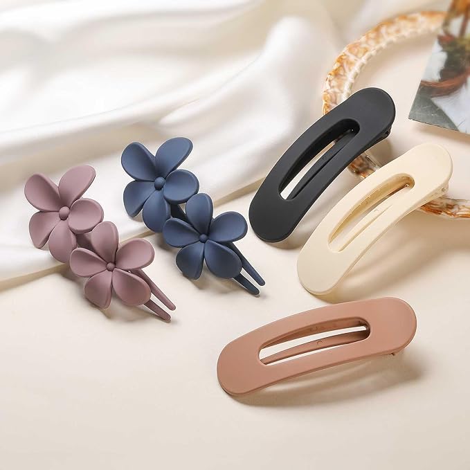 5 PCS Flat Hair Clips, Medium Lay Flat Claw Clips for Women Girls, 2 Styles Stylish Matte Non-slip Hair Claws for Thick Thin Hair(Balck&White)