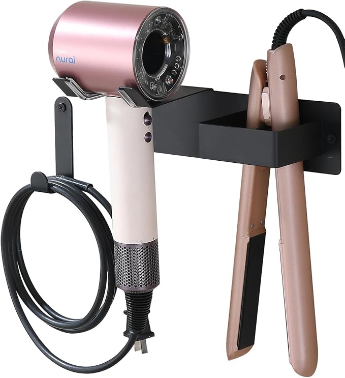 Hair Dryer Holder Wall Mounted, Hair Tool Organizer Wall Mount for Bathroom, Stainless Steel Hair Dryer Holder, Blow Dryer Holder Adhesive/Drilling Hair Dryer and Straightener Holder Black UEMUSI