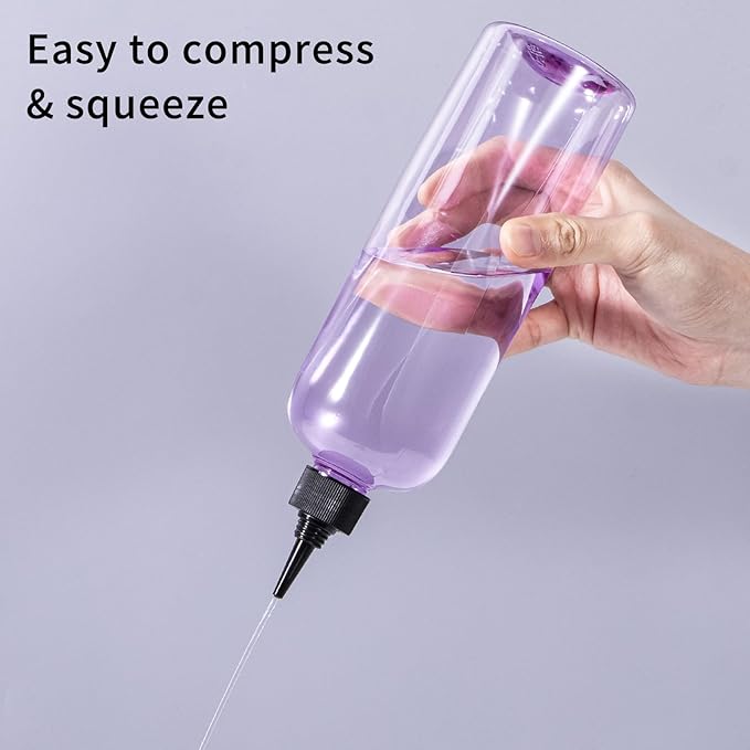 driew Applicator Bottles for Hair, 16.9oz Hair Squeeze Bottle for liquids Twist-On Top Tip Cap with Ratio Graduated Scale Color Applicator Bottle Dye Pack of 2 (16.9oz Clear Purple)