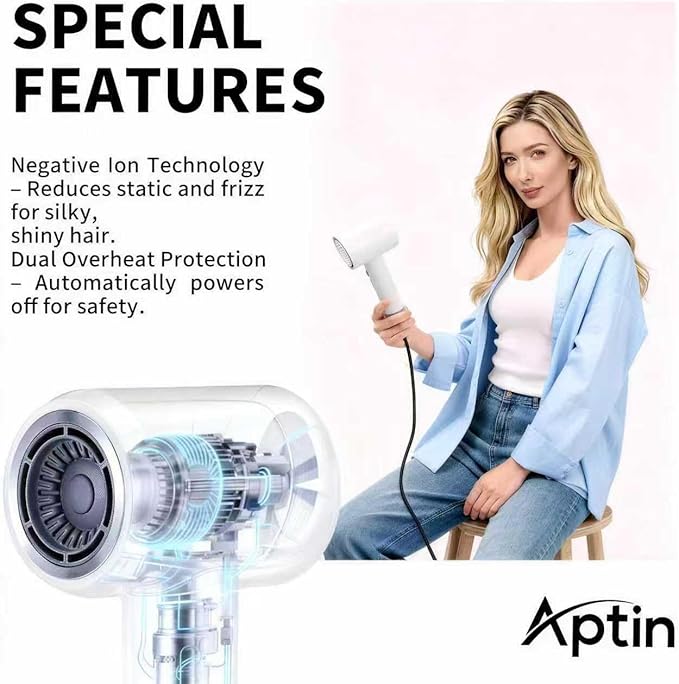 Ionic Hair Dryer 110K RPM 1250W Fast Drying, 200M Negative Ion Care, Dual Overheat Protection, Anti-Static Low Noise, 2 Heat & 2 Speed, Durable PA+Glass Fiber Shell, Lightweight, Magnetic Nozzle