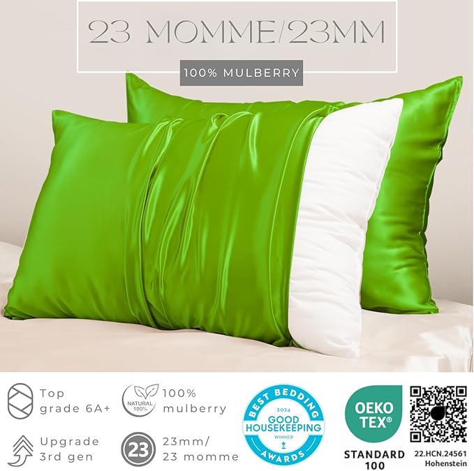 PROMEED Mulberry Silk Pillowcases Set of 2Pcs, Both Sides 100% 23 Momme Real Silk Pillow Case Standard Size 2 Pack, Natural Silk Pillow Cover for Sensitive Skin (Standard 20"x26", Green)