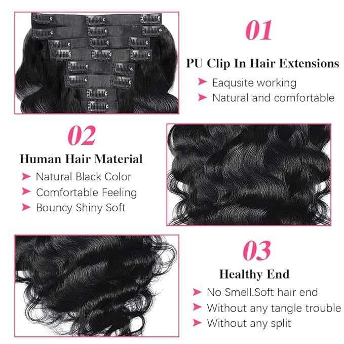 Seamless Body Wave Clip Ins PU Weft Clip In Hair Extensions Real Human Hair Clip Ins 16 Inch 100% Unprocessed Human Hair Extensions 8pcs/set 120g