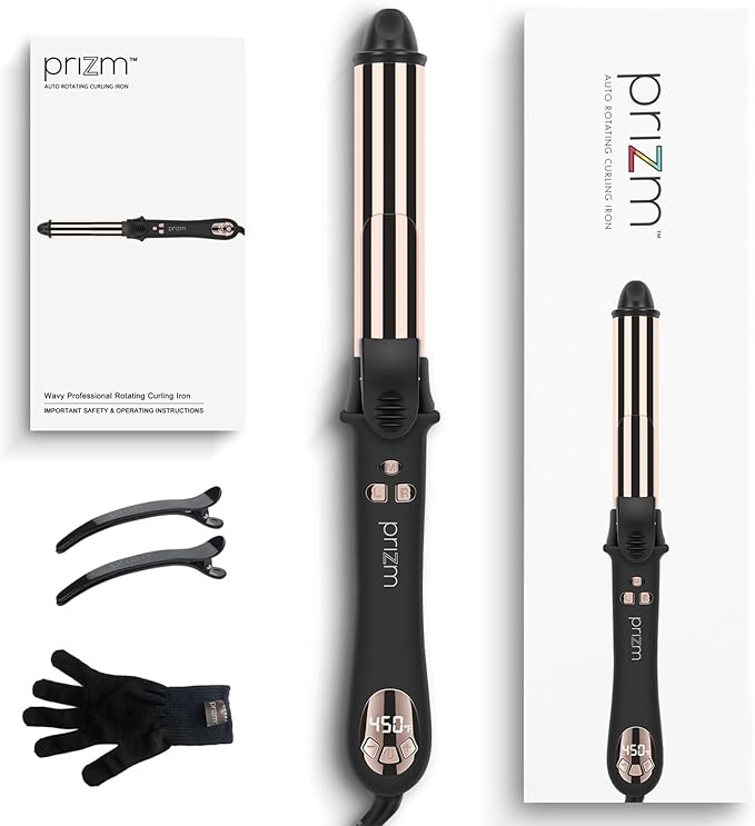 Prizm 1.25inch/32mm Automatic Curling Iron for Big Curler, Rotating Curling Wand Up to 450°F, LCD Display, Auto-Shut Off & Dual Voltage, Negative Ion