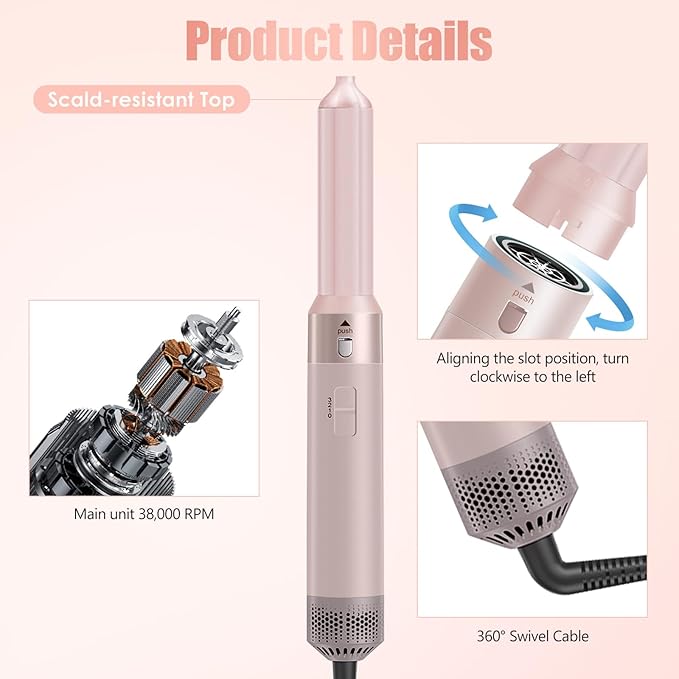 5 in 1 Blow Dryer Brush, Negative Ion Hair Dryer Brush Set Hot Air Brush Auto Air Styler Curling Wrap Air Curler, Detachable Hair Styling Tools for Curling Volumizing Straightening, 3 Temp