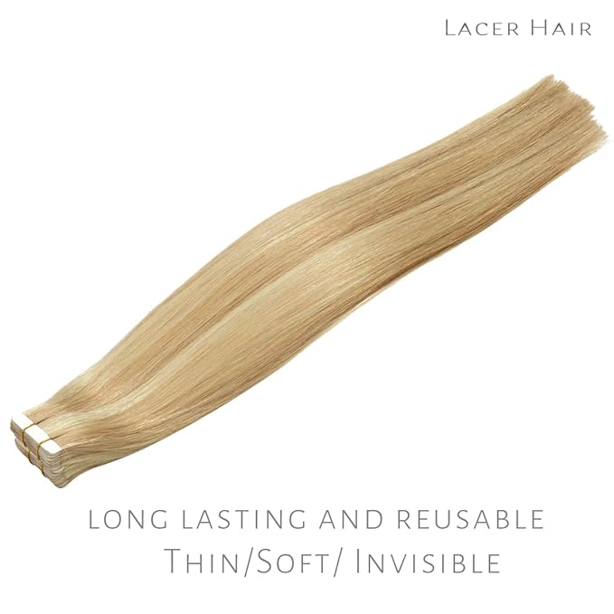 Lacer Invisible Tape in Hair Extensions Human Hair Silky Straight Golden Blonde to Platinum Blonde Hair Extensions Tape in 12 Inch 60G Seamless Tape Hair Extensions