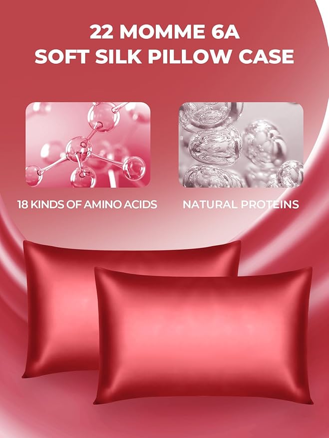 Mulberry Silk Pillowcase for Hair and Skin, SGMSILK 22 Momme Natural Silk Pillow Cases with Zipper, 6A Soft and Smooth Single Sided Pure Silk Pillow Cover (Red, Queen 20"x30")