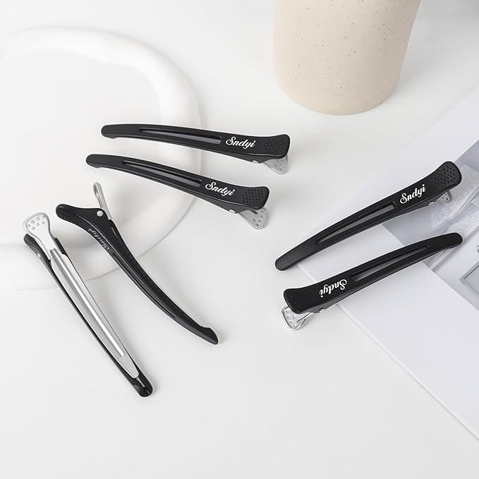 Sndyi Hair Sectioning Clips - Non-Slip Duck Billed With Silicone Band for Styling, Rollers - 6Pcs, Black - for Hairdressers, Barbers, Women, Men