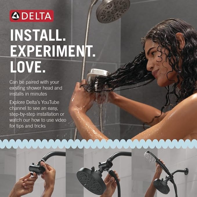 Delta VersaCurl Detangling Handheld Shower Head Tool for Curly Hair with 3 Curl Defining Brush Inserts Included, Detangler Brush Hand Shower with Hose, Matte Black 74B430BL