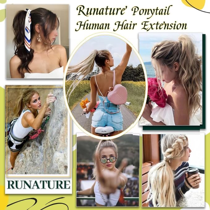 RUNATURE Ponytail Extension Real Human Hair, Short Ponytail Hair Extensions for Women, Soft Remy Natural Hair, Wrap Around Human Hair Ponytail, 12 Inch 70g #8P60 Ash Brown Highlight Platinum Blonde