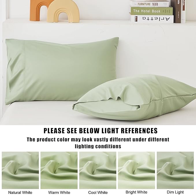 TELUS Green Pillow Cases King Size 2 Pack, Bamboo Rayon Cooling Pillowcases with Envelope Closure, Cool Breathable Pillow Cover for Hot Sleepers & Night Sweats, 20x40 inch