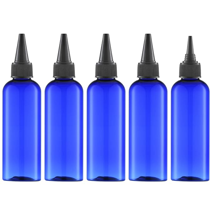Tekson Hair Color Applicator Bottles, 5 Pack Refillable Squeeze Bottle, Empty Plastic Twist Top Cap Bottles (3.4 OZ, Blue)