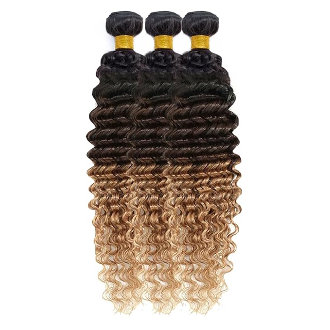 Ombre Bundles Human Hair Blonde Deep Wave Bundles 18 20 22 Inch Niegmeag Virgin Remy Hair Extensions Double Weft 3 Tone Brown and Honey Blonde Bundle
