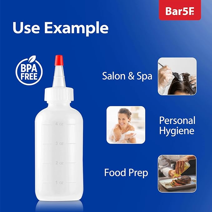 Bar5F 4-Pack Soft Squeeze Hair Applicator Bottle for Hair Treatment, Scalp Oil, Root, Color, 4 Ounce Translucent with Measuring Scale and Cap, BPA Free | Set of Bulk