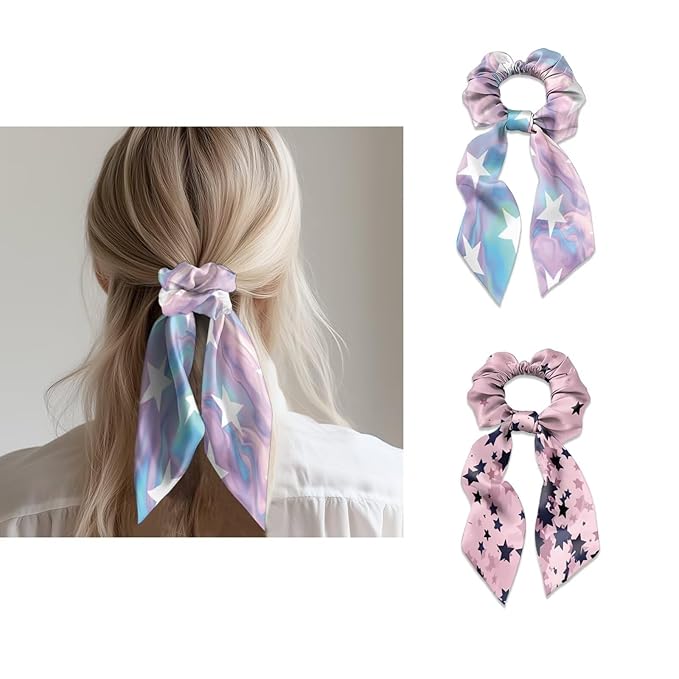 Star Hair Ties for Women Bow Purple Pink Satin Hair Ties No Damage Long Hair Fashion Ponytail Holder Soft Knotted Bow Pack of 2