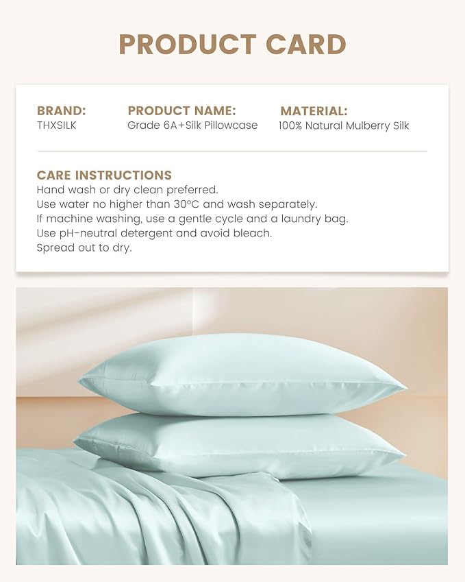 THXSILK Mulberry Silk Pillowcase for Hair and Skin, 100% Mulberry Silk Bed Pillowcase, Hypoallergenic Soft Breathable Silk Pillow Case with Hidden Zipper, King Pillow Case 20"x36", Light Blue