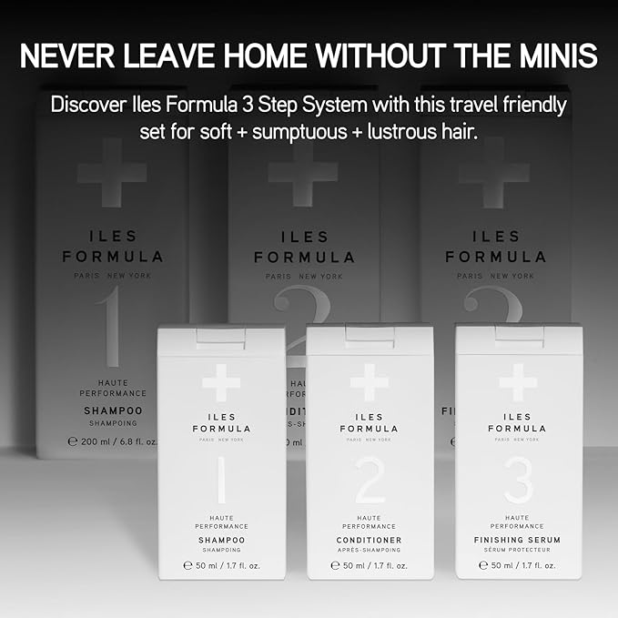 ILES FORMULA Mini Signature Collection – Moisturizing Travel Shampoo & Conditioner w/Mini Finishing Serum Blow Dry Cream for Dry, Damaged, Frizzy Hair - Salon Grade Anti-Frizz Hydrating Hair Care Set