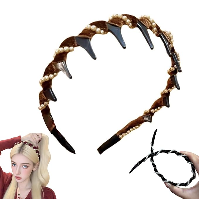 Vintage High Cranium Artificial Pearl Hairband, New Elegant Braided Pearls Headbands with Teeth for Women, Anti-slip Decorative Hair Bands Fashion Hair Accessories Gifts (Brown, One Size)