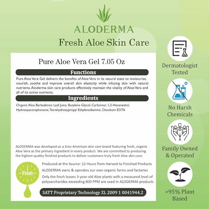 Aloderma Organic Aloe Vera Gel for Body Made within 12 Hours of Harvest, 96% Pure Aloe Vera Gel for Skin, Scalp, & Hair, Soothing Aloe Face Moisturizer, Multipurpose, Hydrating Aloe Gel, 7oz, 6 Pack