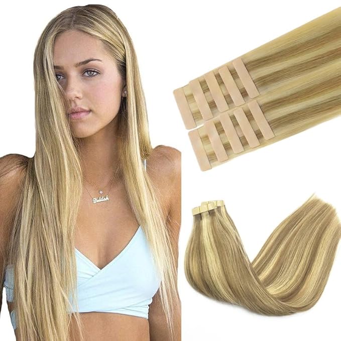 GOO GOO Tape in Hair Extensions Human Hair, 16/22 Light Blonde Highlighted Golden Blonde, 20inch 30g 10pcs, Skin Weft Seamless Invisible, Silky Straight with Thick Ends, Remy Human Hair