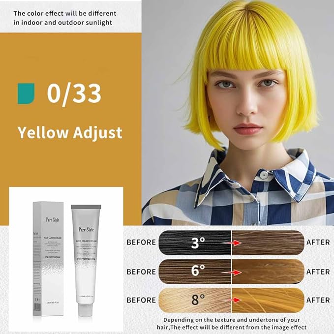 PureStyle 100g Professional Permanent Hair Color Dye Cream Ammonia Free, Long Lasting Yellow Color, Natural Shine, For All Hair Types Easy At Home Application (0/33 Yellow)