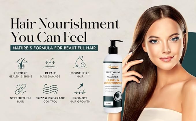 Beef tallow & Goat milk Leave-In Conditioner| Handmade hair Detangler- Anti-Frizz dreadlock moisturizer-Split Ends Breakage (12 Fl Oz)