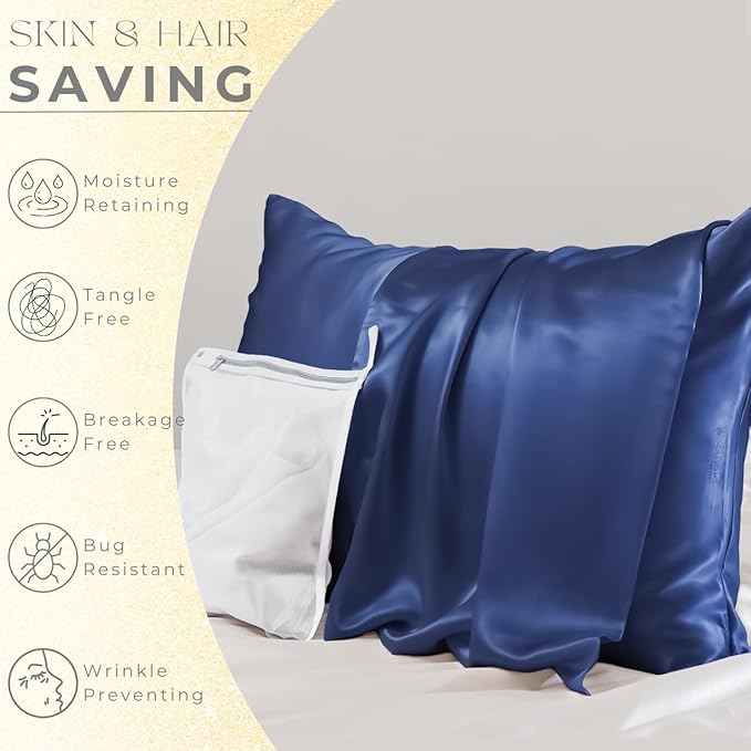 PROMEED 100% Mulberry Silk Pillowcase for Hair and Skin - Allergen Resistant Both Sides 23 Momme 1400 TC Silk Bed Pillow Cases with Hidden Zipper, 1PC (King 20"x36", Navy)