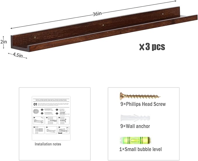 AZSKY Floating Shelves Wall Mount Deep Walnut for Wall Storage 36 Inch Rustic Picture Photo Ledge Shelf with Lip Nursery Book Shelves for Kids Room Bedroom Bathroom Living Room Kitchen Decor Set of 3
