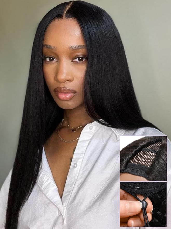 YIROO V Part Wig Yaki Straight Human Hair Wigs for Black Women Upgrade Upart Wig No Leave Out 12A Glueless Kinky Straight 18 Inch
