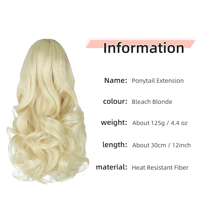 Ponytail Extension, Clip on Ponytails for Women, 12" Claw Clip in Short Curly Wavy Pony Hair Extension for Women - Bleach Blonde