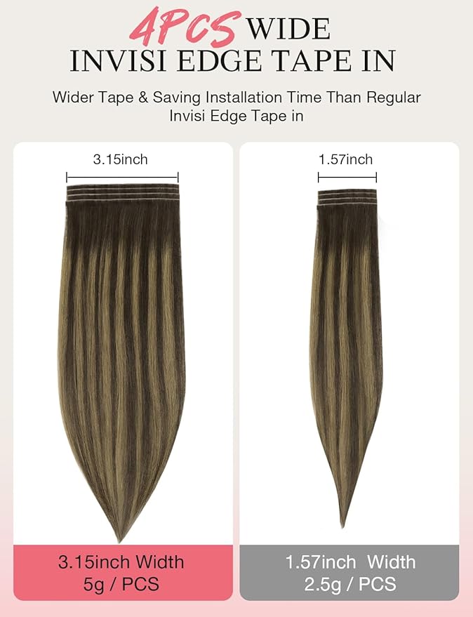 DOORES Invisi Edge Tape in Wide Hair Extensions Human Hair, Chocolate Brown to Caramel Blonde 4PCS Injection Tape ins 20g 16 Inch, Virgin Human 3 Inch Wide Injected Extensions Invisible