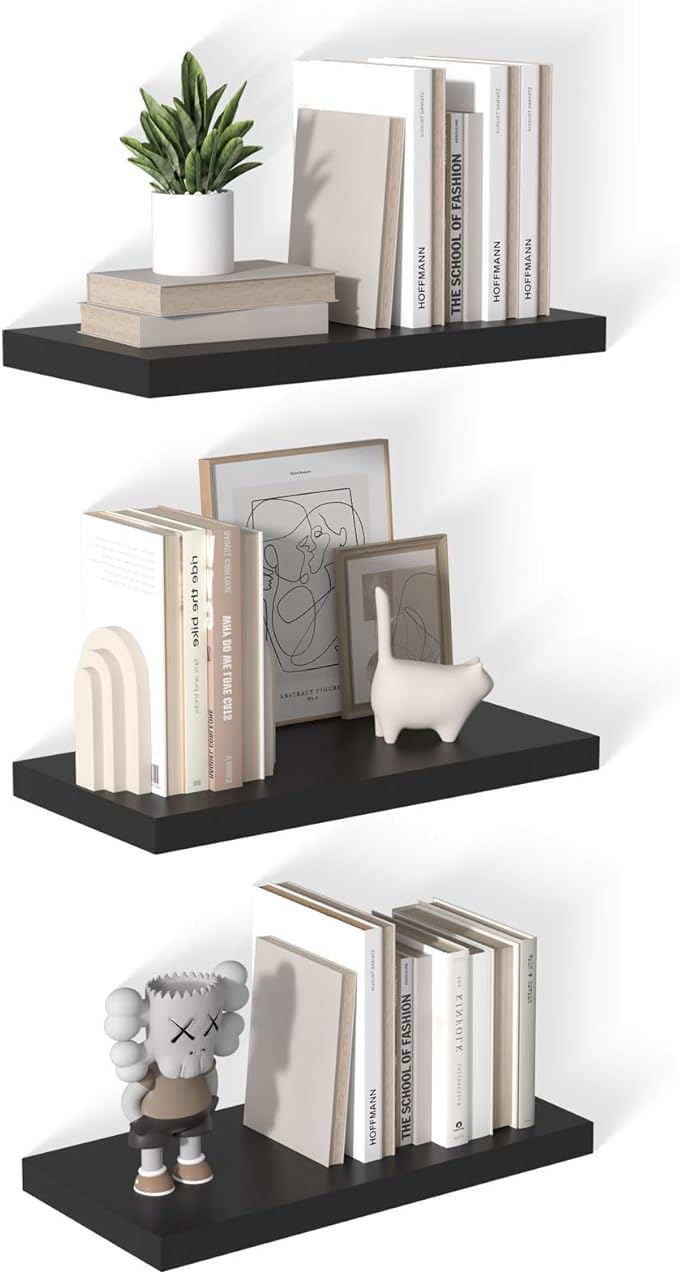 12 Inch Deep Floating Shelves for Wall 3 Pack Floating Shelves Large Storage Space Wall Mount Shelf for Living Room Kitchen Bathroom 24" W x 12" D x 1.2" H Black